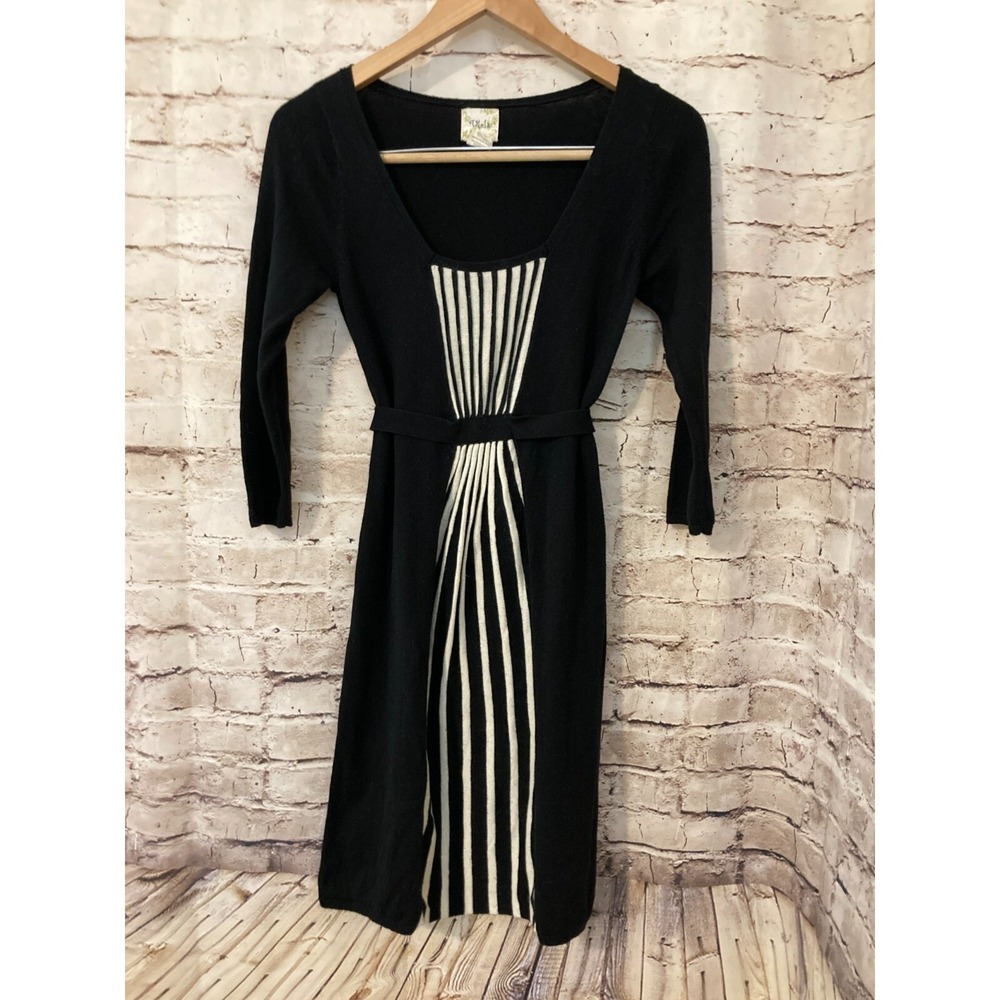 Viola Sweater Dress Womens Small Black Wool Blend Belted Stripe Colorblock